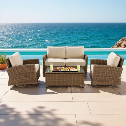 Brown 4 Piece Patio Furniture Set with 2 Chairs, Loveseat, Table, Sand Cushions