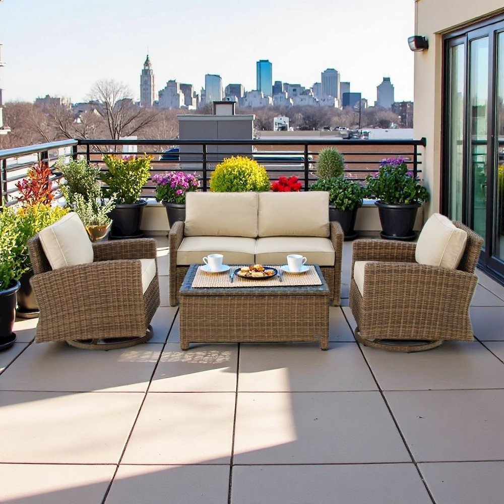 Brown 4 Piece Patio Furniture Set with 2 Chairs, Loveseat, Table, Sand Cushions