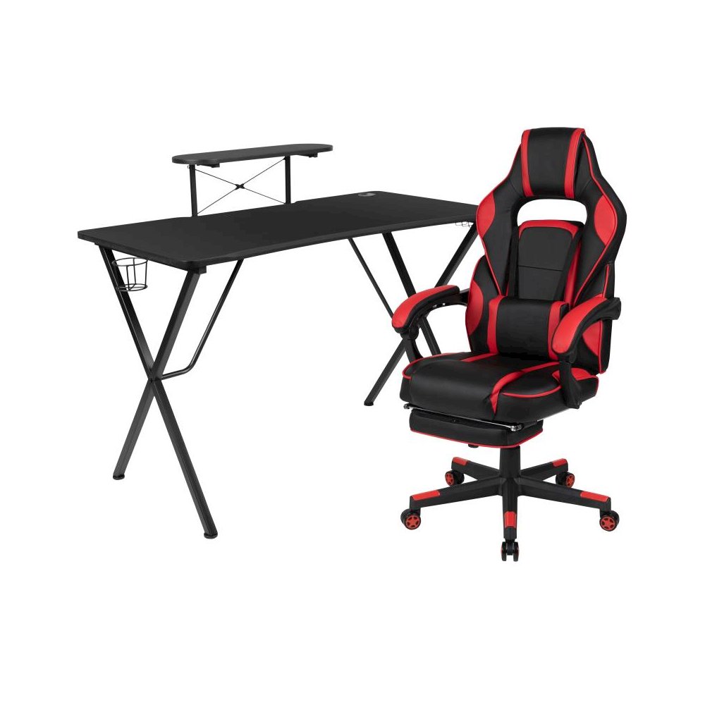 Black Gaming Desk with Cup Holder/Headphone Hook/Monitor Stand & Red Reclining Back/Arms Gaming Chair with Footrest