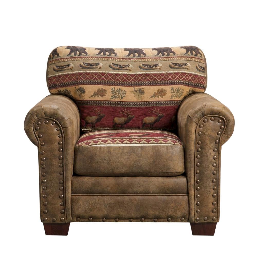 Cotton Microfiber Accent Armchair with Rustic Wooden Log Frame for Living Room