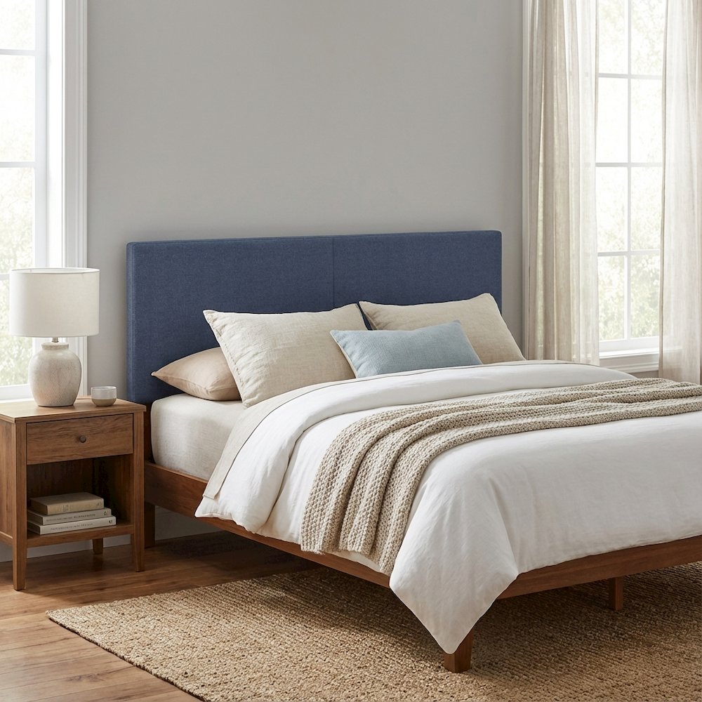 Blue Denim Upholstered King Headboard with Soft Fabric and Sturdy Frame