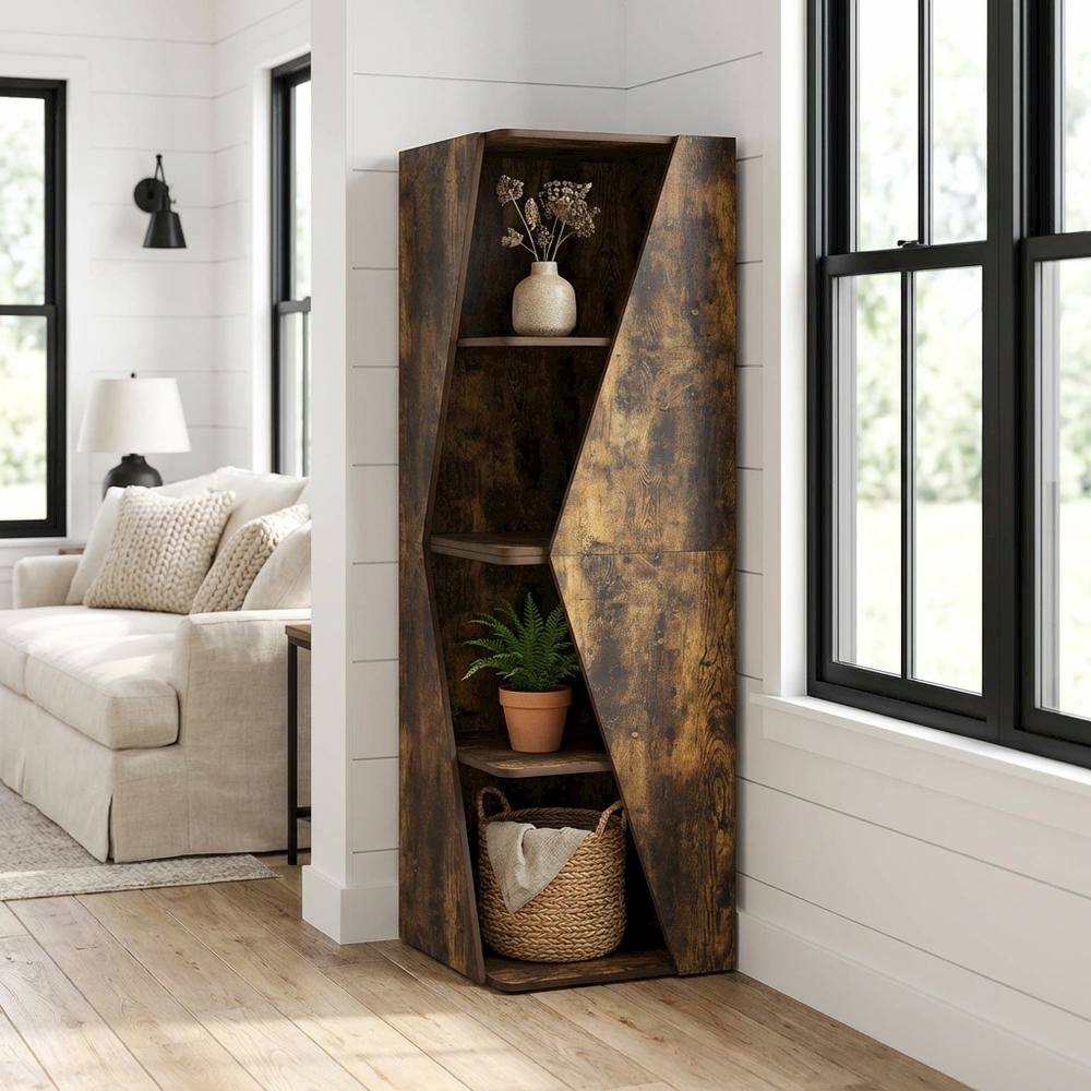 Stackable 2-in-1 Bookshelf with 4-Tier Corner Design and Display Shelf