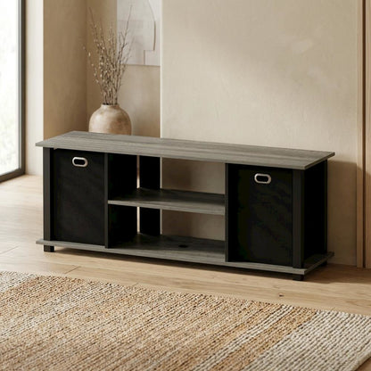 Engineered Wood Entertainment Center with Storage Bins in French Oak