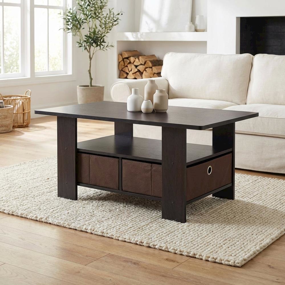 Dark Walnut Coffee Table with Bin Drawer and Compact Storage Surface 11158DWN