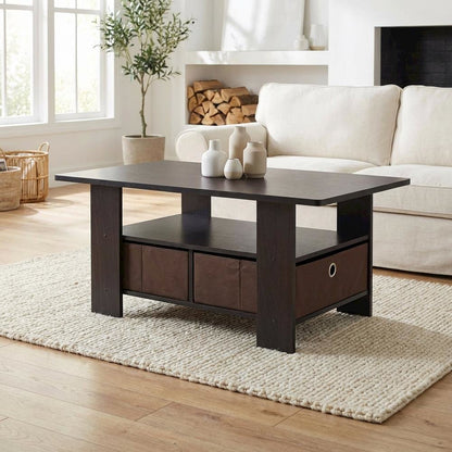 Dark Walnut Coffee Table with Bin Drawer and Compact Storage Surface 11158DWN
