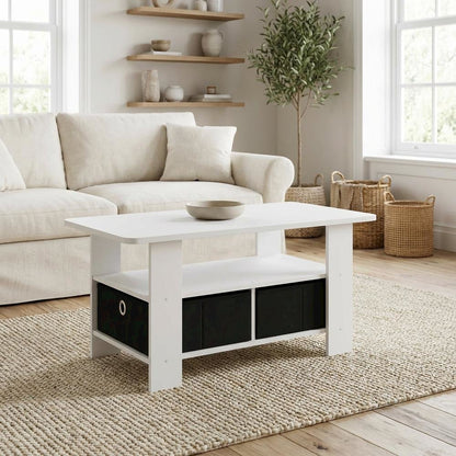 White and Black Coffee Table with Bin Drawer and Compact Design
