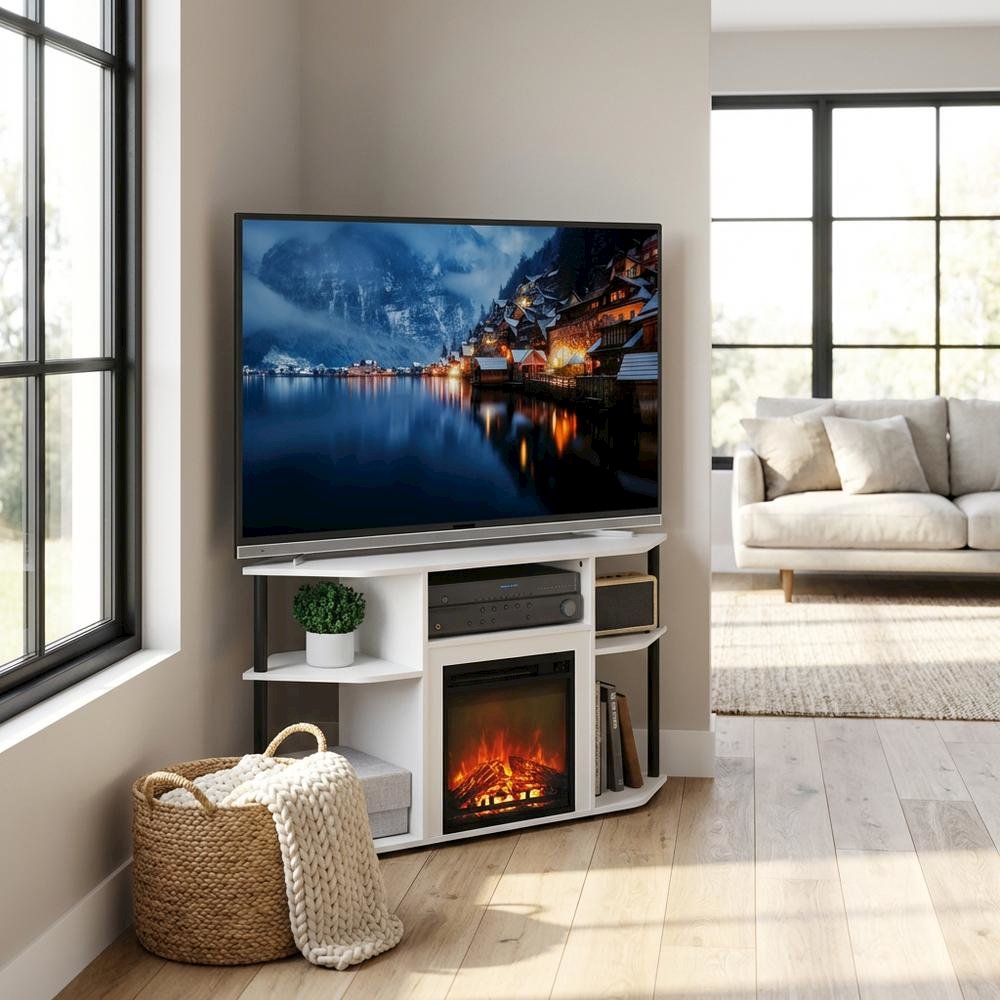 Open storage corner fireplace TV stand, 55-inch screens, Engineered Wood