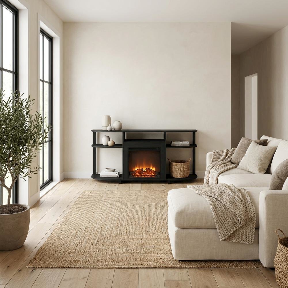 Fireplace TV Stand with Rubberwood and Walnut Veneers for 55 Inch TVs