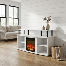 Open shelving, fireplace entertainment center, 55-inch TVs, rubberwood