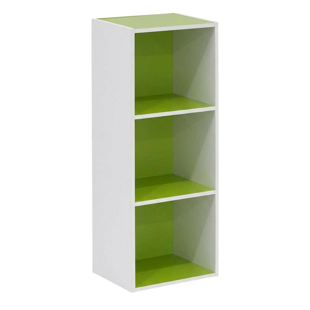White/Green 3-Tier Open Shelf Bookcase with Ample Storage and Modern Design
