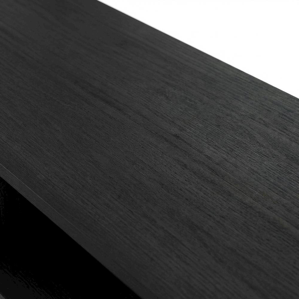 Modern black TV stand with open shelves for entertainment centers