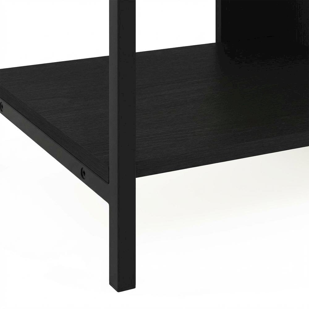 Modern black TV stand with open shelves for entertainment centers