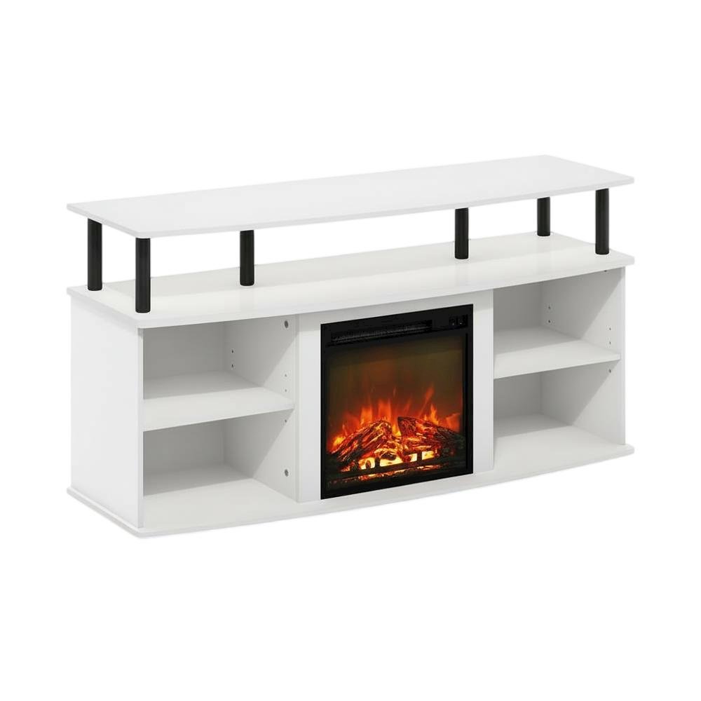 Open shelving, fireplace entertainment center, 55-inch TVs, rubberwood