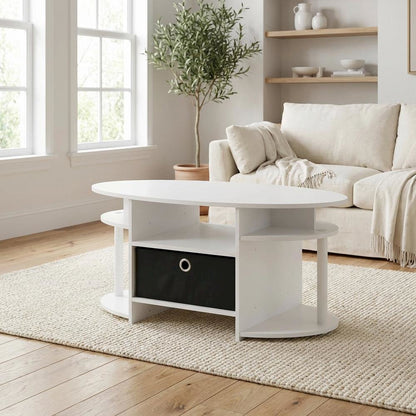 White Oval Coffee Table with Storage Bin and Modern Minimalist Design
