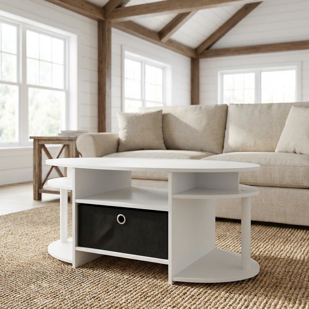 White Oval Coffee Table with Storage Bin and Modern Minimalist Design