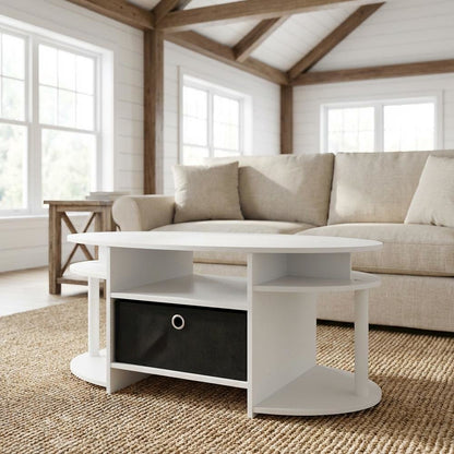 White Oval Coffee Table with Storage Bin and Modern Minimalist Design