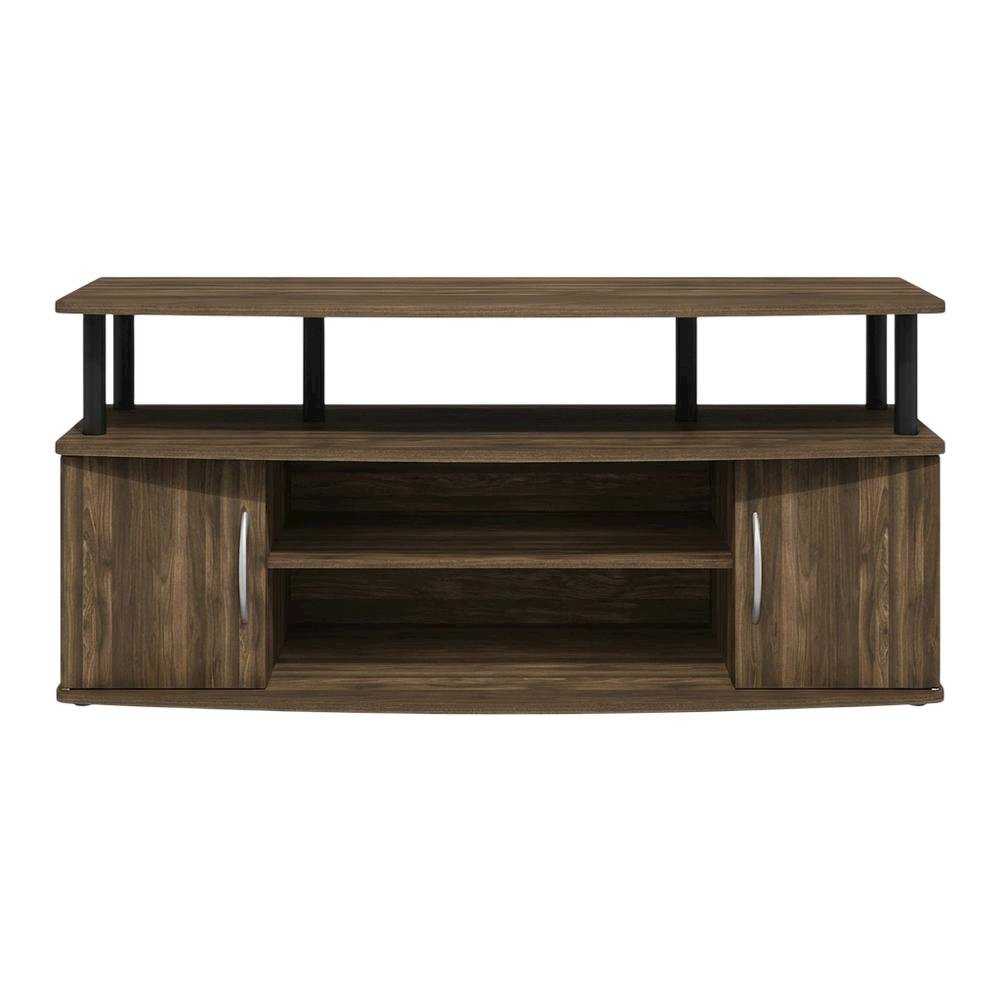 Large entertainment center in brown walnut and black finish with ample storage