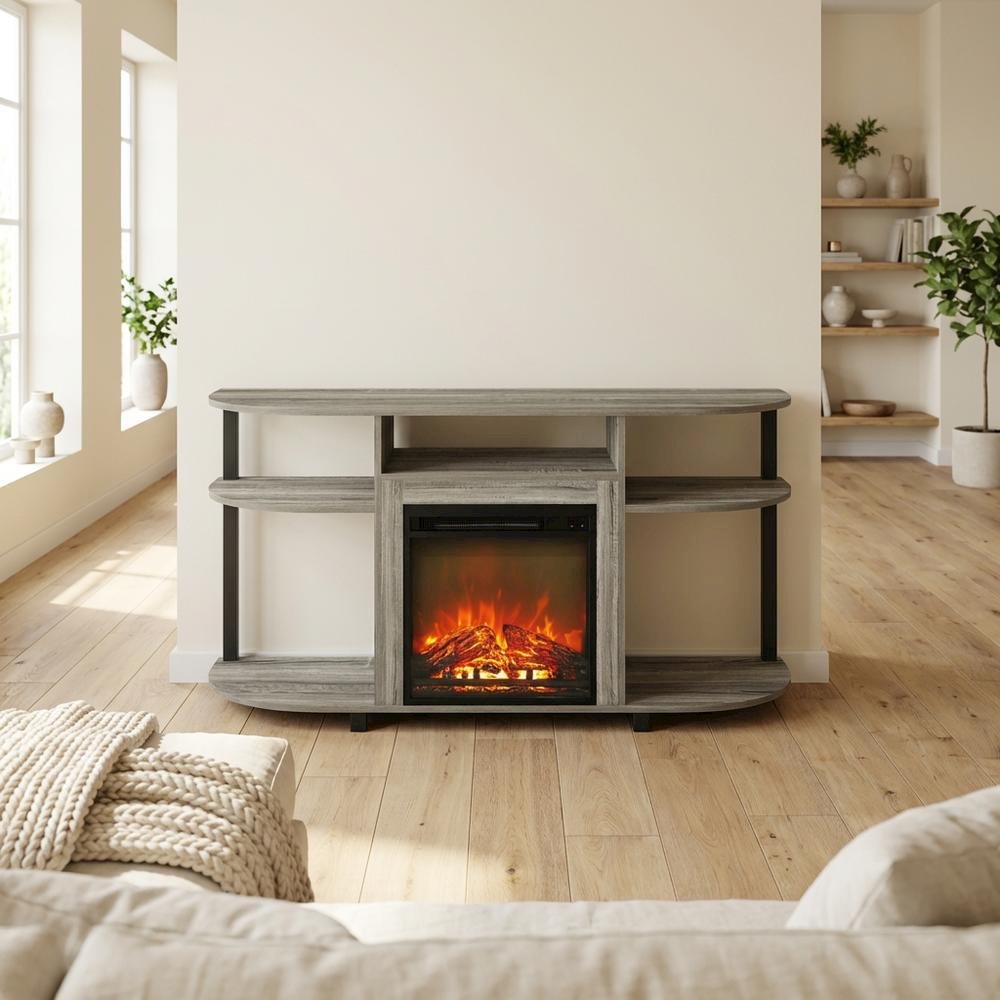 Gray entertainment center stand, fireplace insert, TV up to 55 inches, solid
