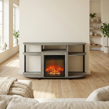 Gray entertainment center stand, fireplace insert, TV up to 55 inches, solid
