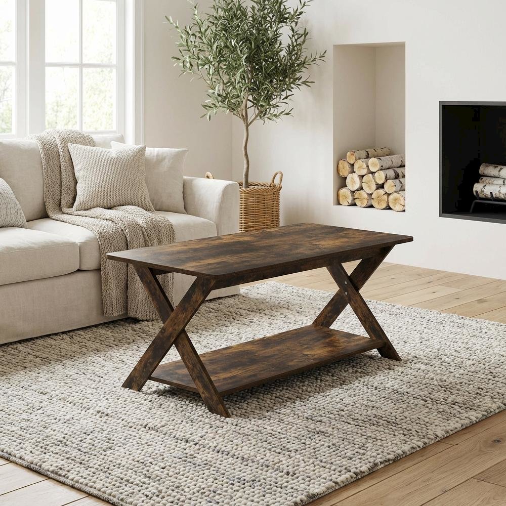 Amber Pine Coffee Table with Criss-Crossed Frame and Modern Minimalist Design