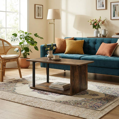 Modern Amber Oak Coffee Table with Open Shelf and 2 Tiers