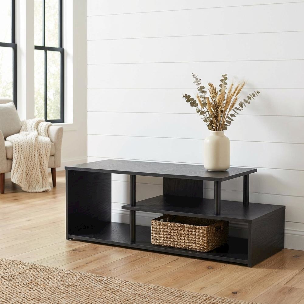 Low Profile TV Stand in Black Wood Finish with Composite Construction