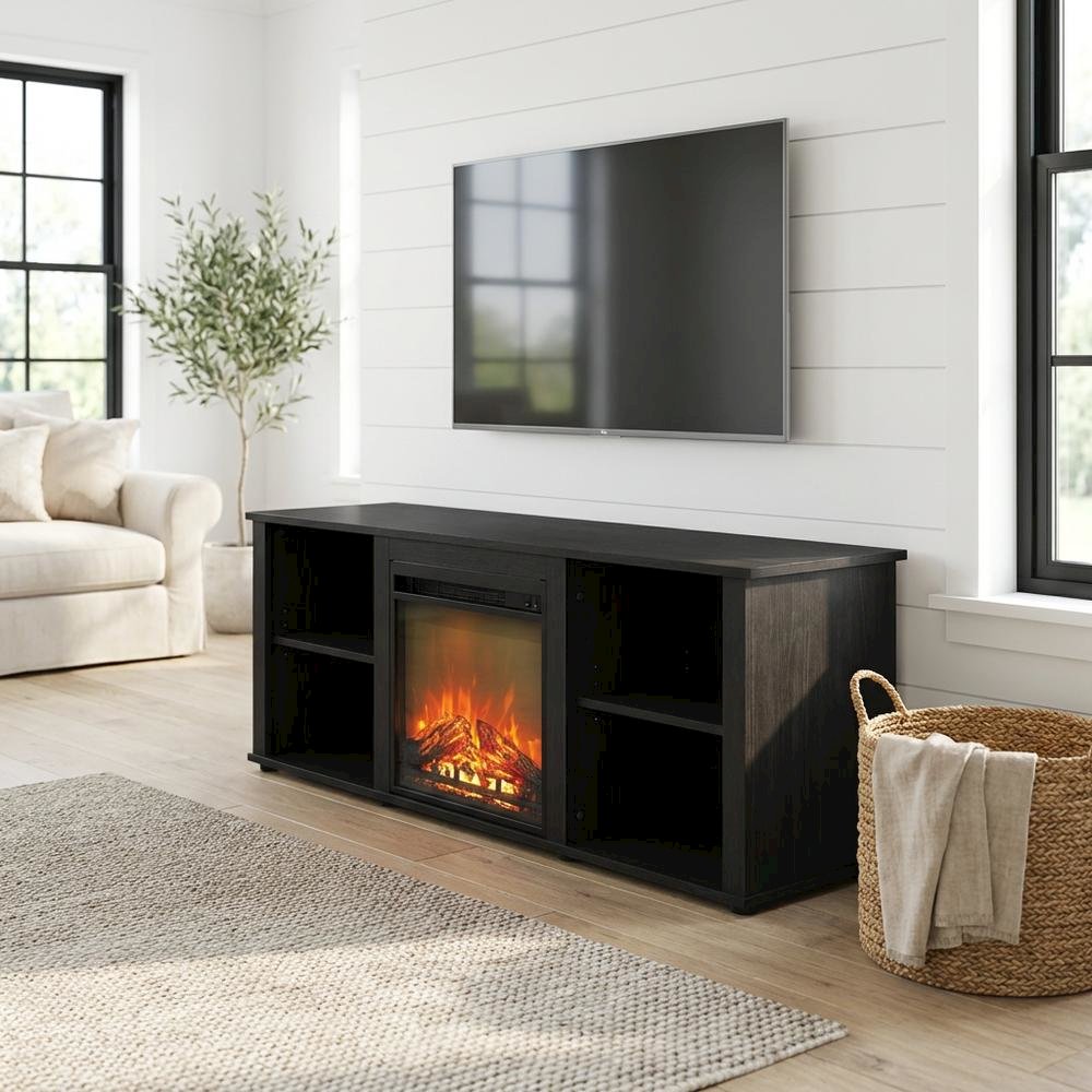 Engineered Wood TV stand, fireplace, Americano finish, modern design
