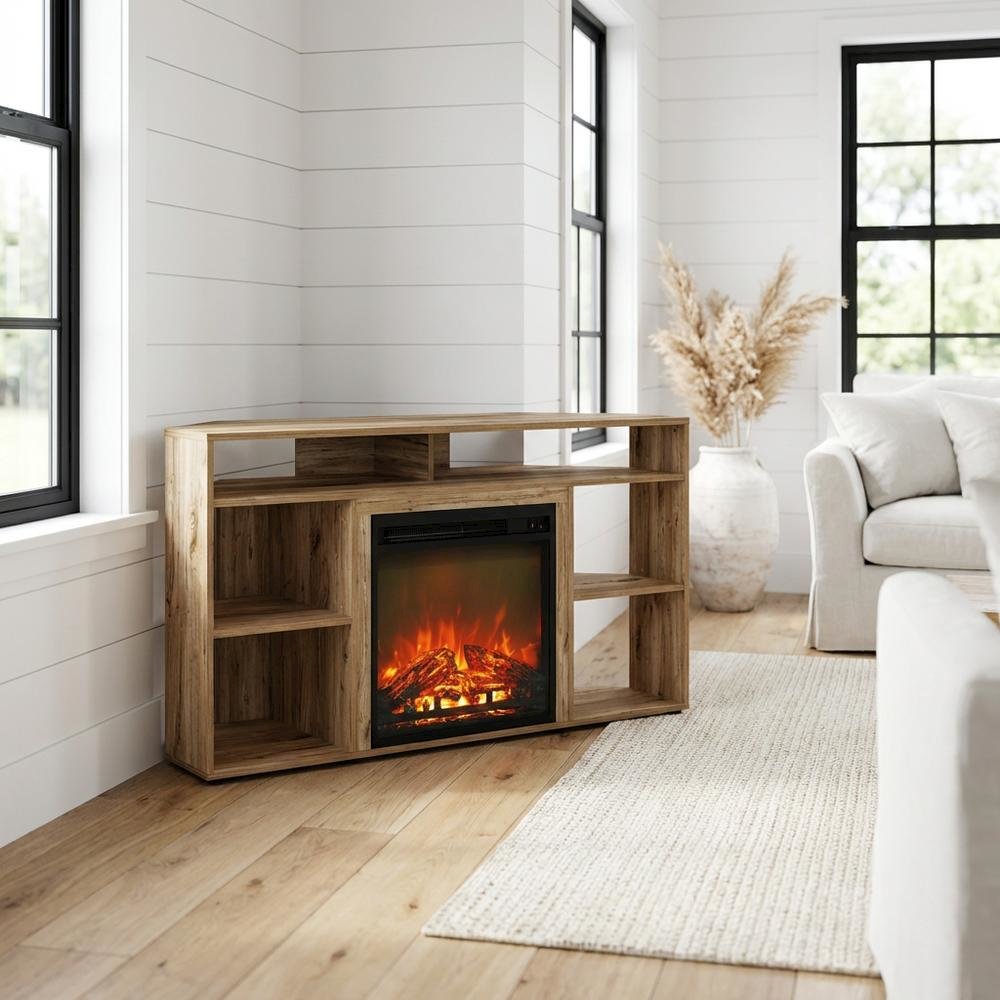 Corner TV Stand with Fireplace for 55-Inch Screens in Rustic Wood Finish