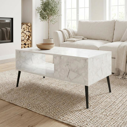 Marble White Coffee Table with Engineered Wood Legs Mid Century Style Design