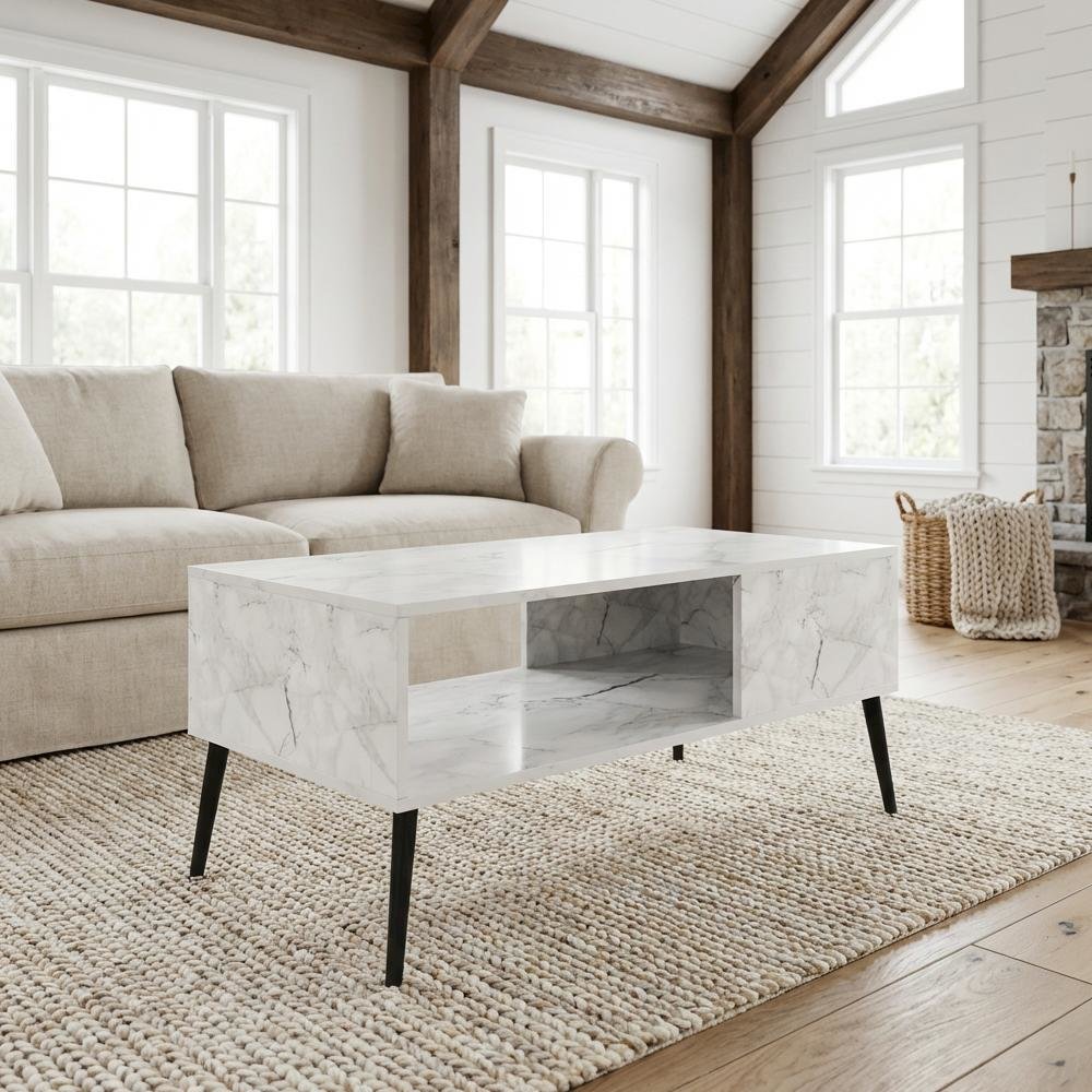 Marble White Coffee Table with Engineered Wood Legs Mid Century Style Design