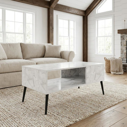 Marble White Coffee Table with Engineered Wood Legs Mid Century Style Design