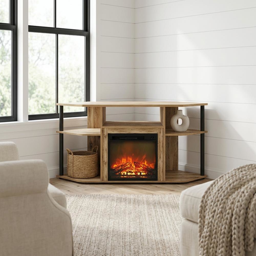 Black open storage corner fireplace TV stand, spacious shelves, 55-inch screens