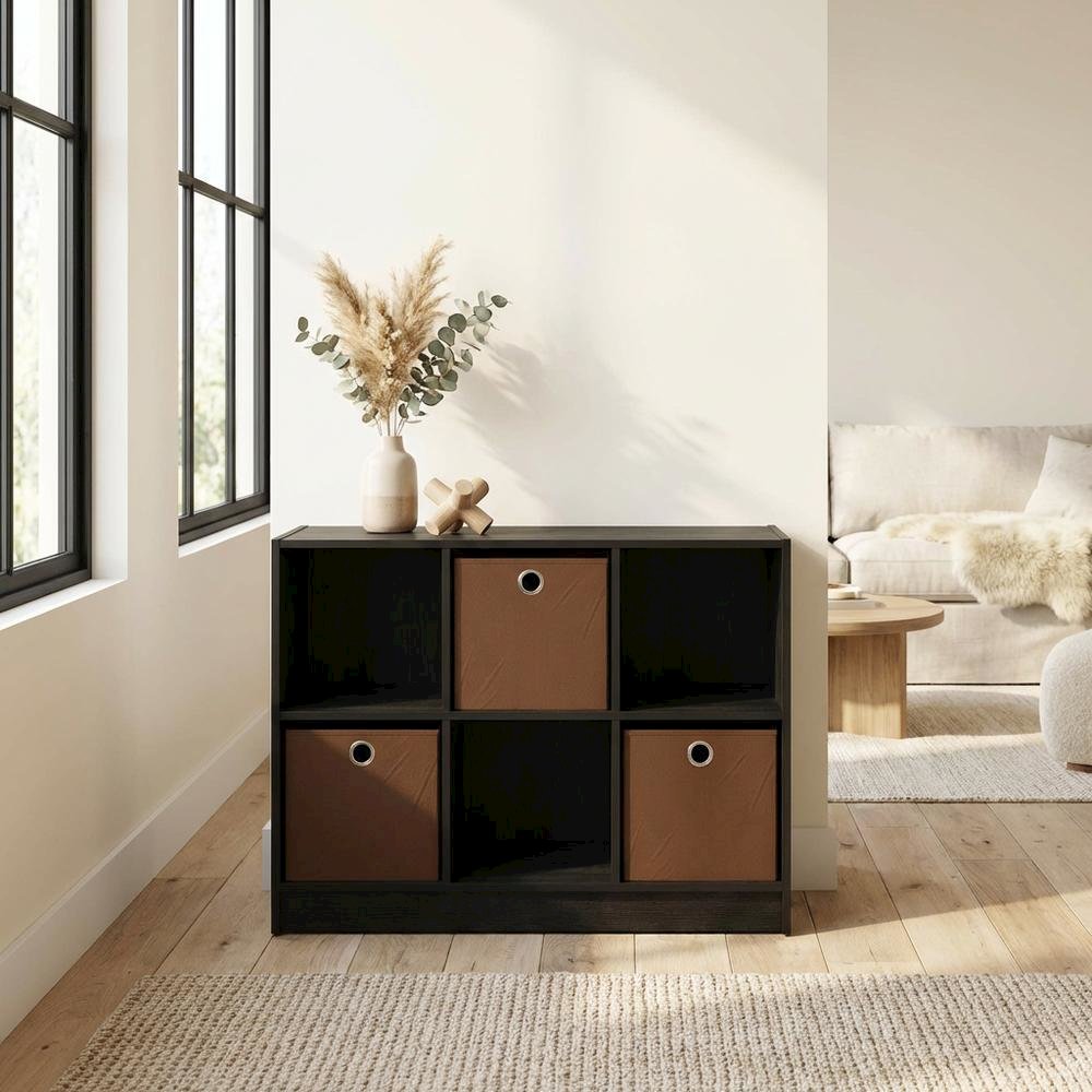 3x2 Engineered Wood Bookcase with Bins in Medium Brown for Organized Storage