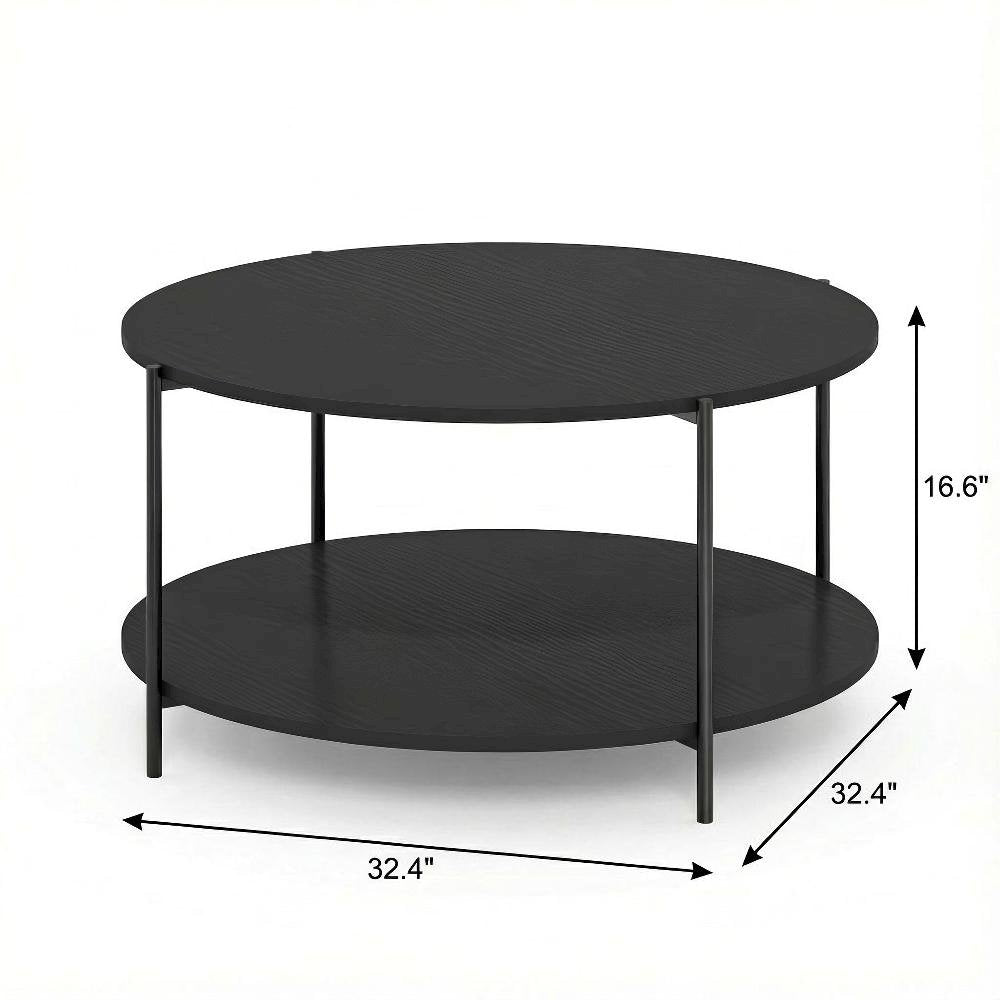 Dark Americano 2-Tier Round Coffee Table with Storage Shelf and Metal Legs