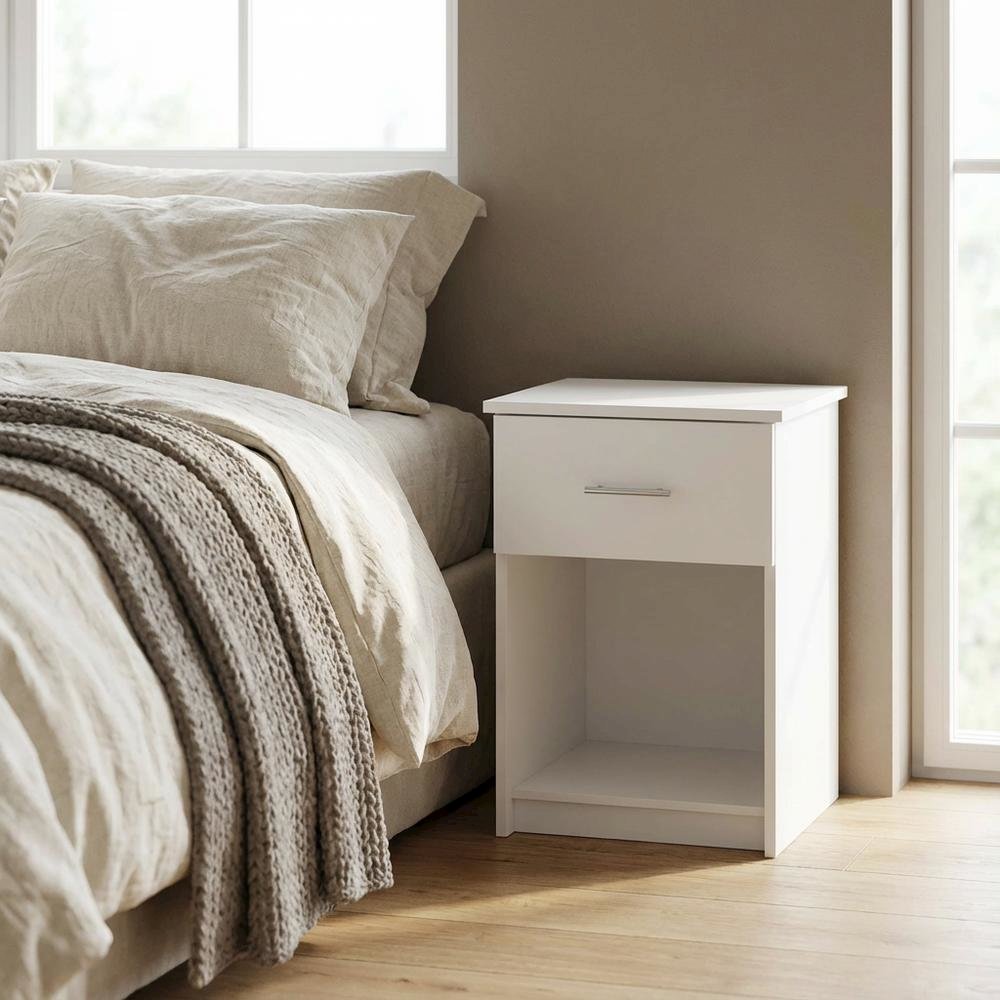White Nightstand with Handle and Spacious Drawer for Bedroom Storage