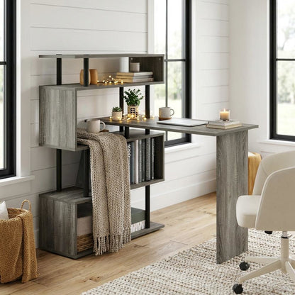 L-Shaped Computer Desk - 5-Tiers, French Oak, Black finish, sturdy workspace