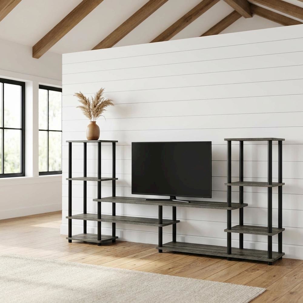 Modern Entertainment Center in French Oak Grey and Black with Spacious Storage
