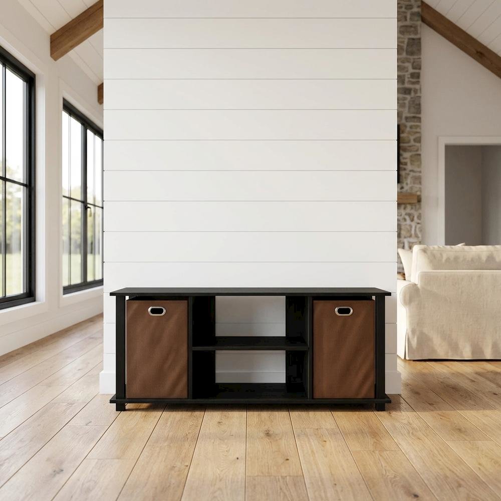Engineered Wood Entertainment Center with Storage Bins in Americano