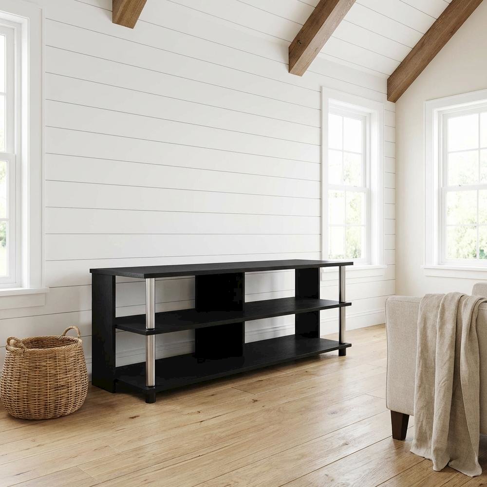 Engineered Wood TV stand in Americano finish with stainless steel tubes