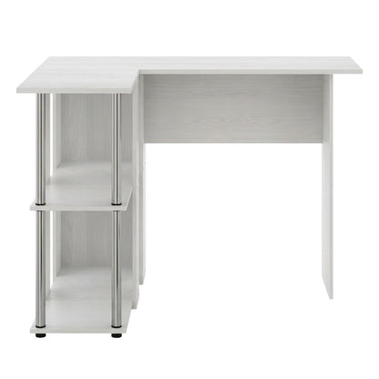 White Oak L-Shape Desk, Bookshelf And Stainless Steel Tubes For Office Spaces
