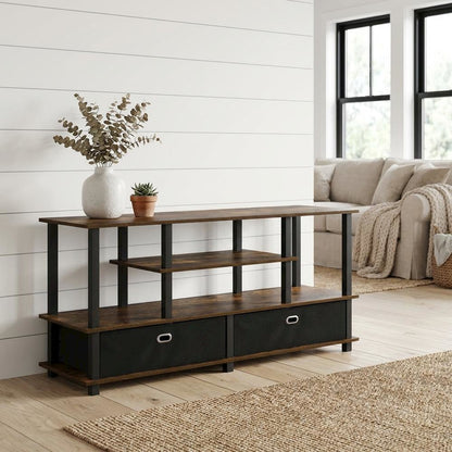 Large TV Stand, up to 55-Inch TV, Storage Bin, Brown Finish, Rubberwood