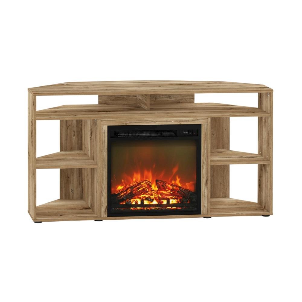 Corner TV Stand with Fireplace for 55-Inch Screens in Rustic Wood Finish