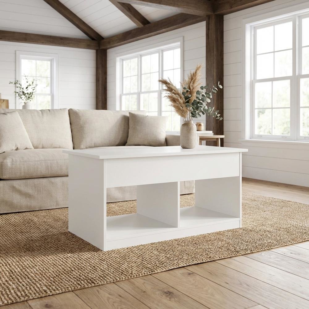 Solid White Lift Top Coffee Table with Storage and Durable Construction