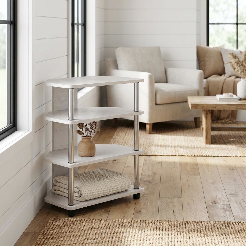 Engineered Wood TV stand, modern white oak, chrome accents