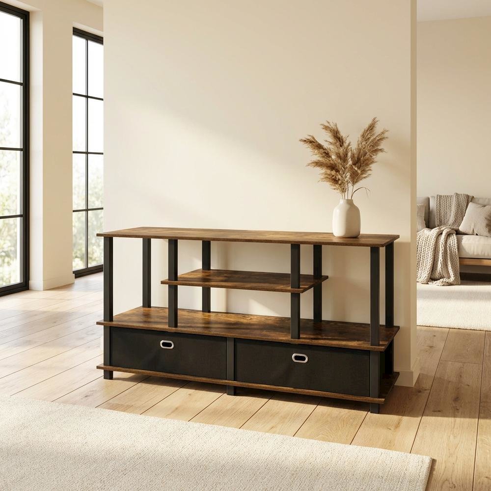 Large TV Stand, up to 55-Inch TV, Storage Bin, Brown Finish, Rubberwood