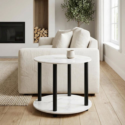 Round Marble White Coffee Table with 2-Tier Storage and Simple Design for Home