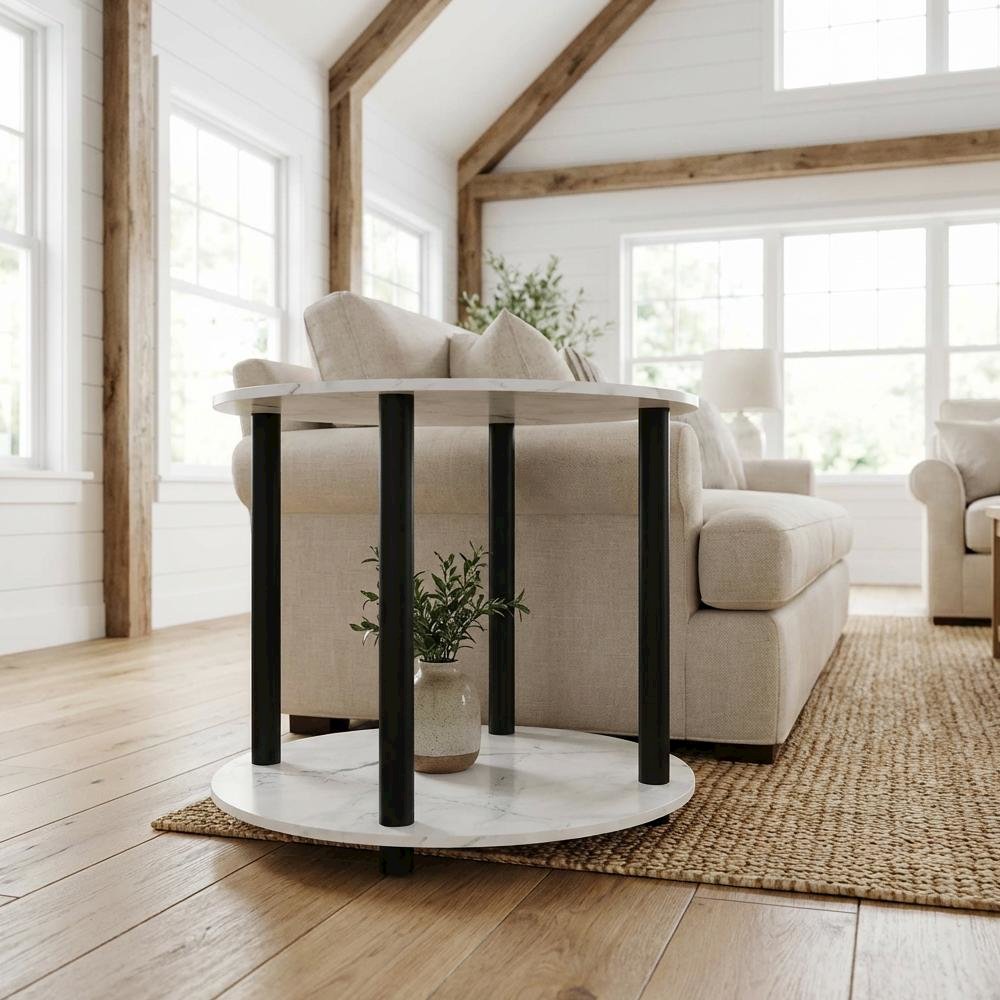 Round Marble White Coffee Table with 2-Tier Storage and Simple Design for Home