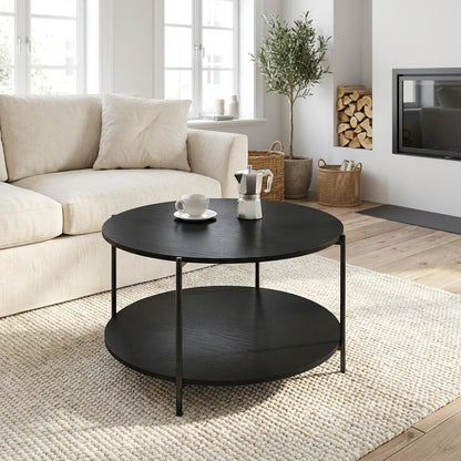 Modern Round Coffee Table Americano with 2-Tier Design and Sturdy Metal Legs