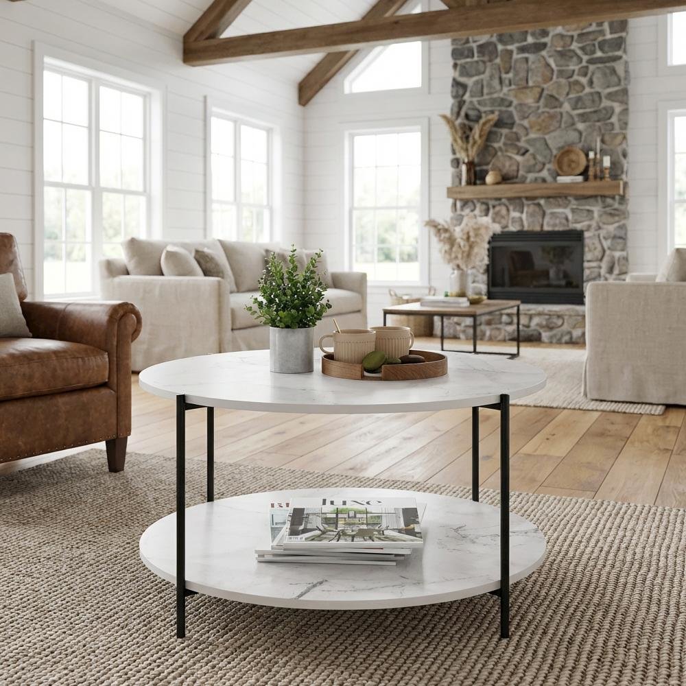 Round Marble White 2-Tier Coffee Table with Sturdy Metal Legs and Storage Space