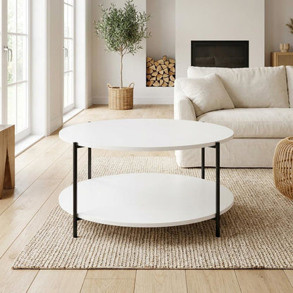 White 2-Tier Round Coffee Table with Metal Legs and Sturdy Frame for Living Room